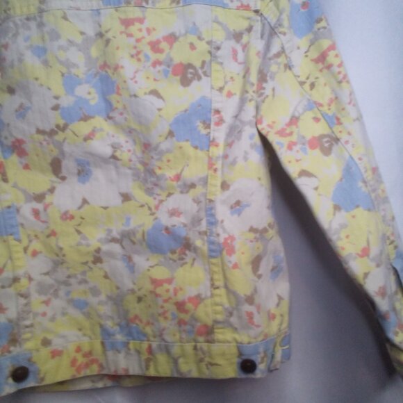 Liz Claiborne Denim Jacket Petite S Long Sleeve Button Up Floral Yellow Blue - Picture 2 of 16
